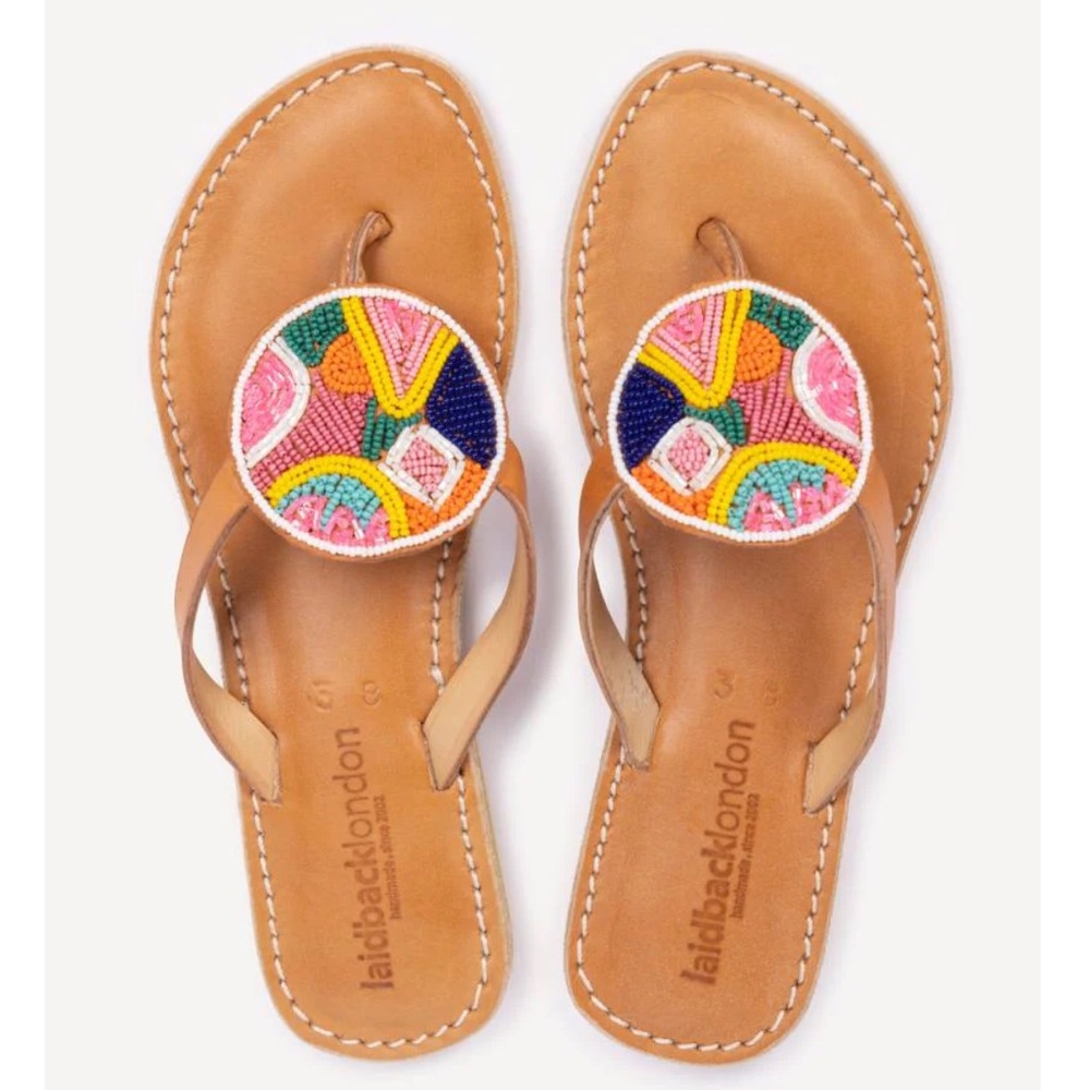 Anthropologie New Hand Beaded Flat Leather laidback London Sandal Multi size 7 🌸